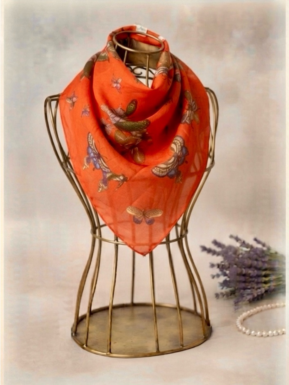Vintage 100% Silk Vibrant Orange Butterfly Print Square Scarf